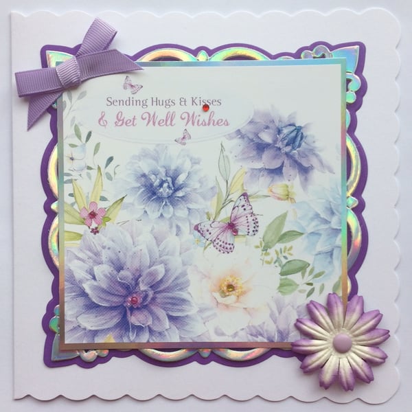 Get Well Card Sending Hugs & Kisses & Get Well Wishes 3D Luxury Handmade Card