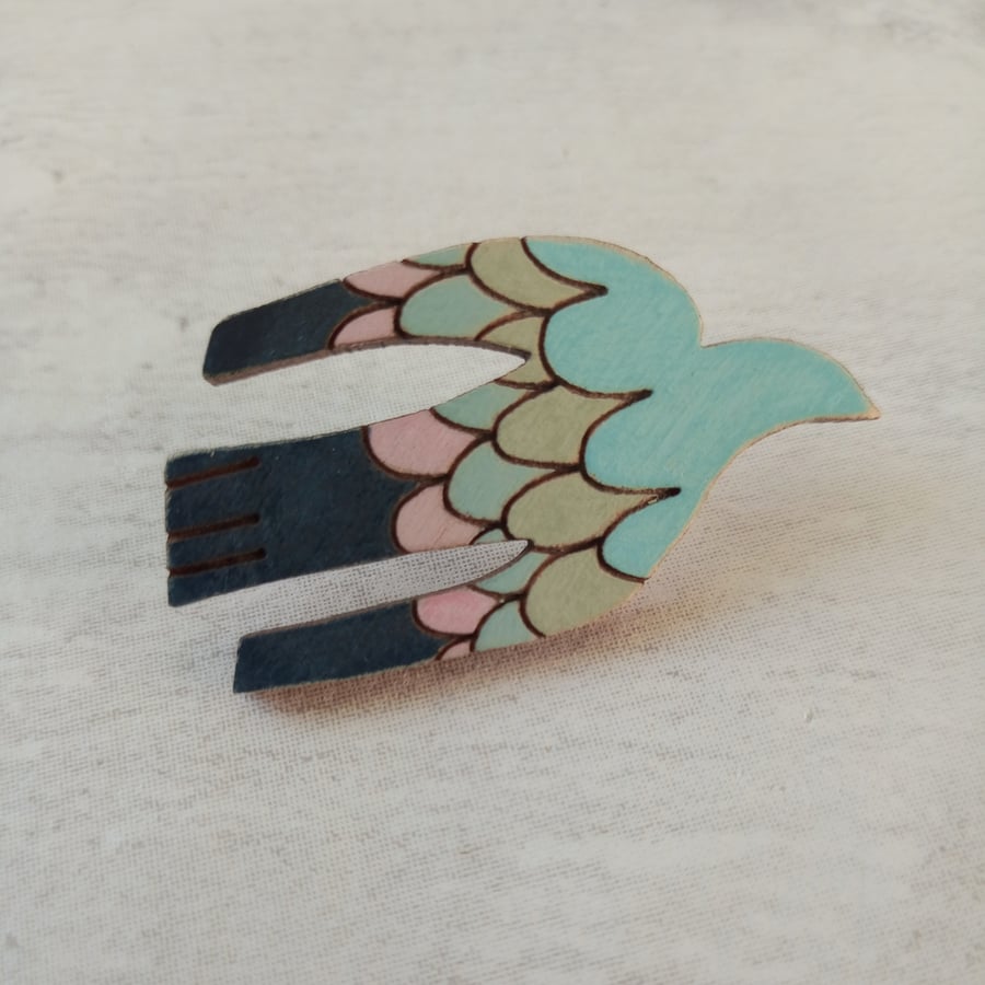 Bird Brooch, Flying Bird Pin, Nature Pin, Wooden Bird Pin