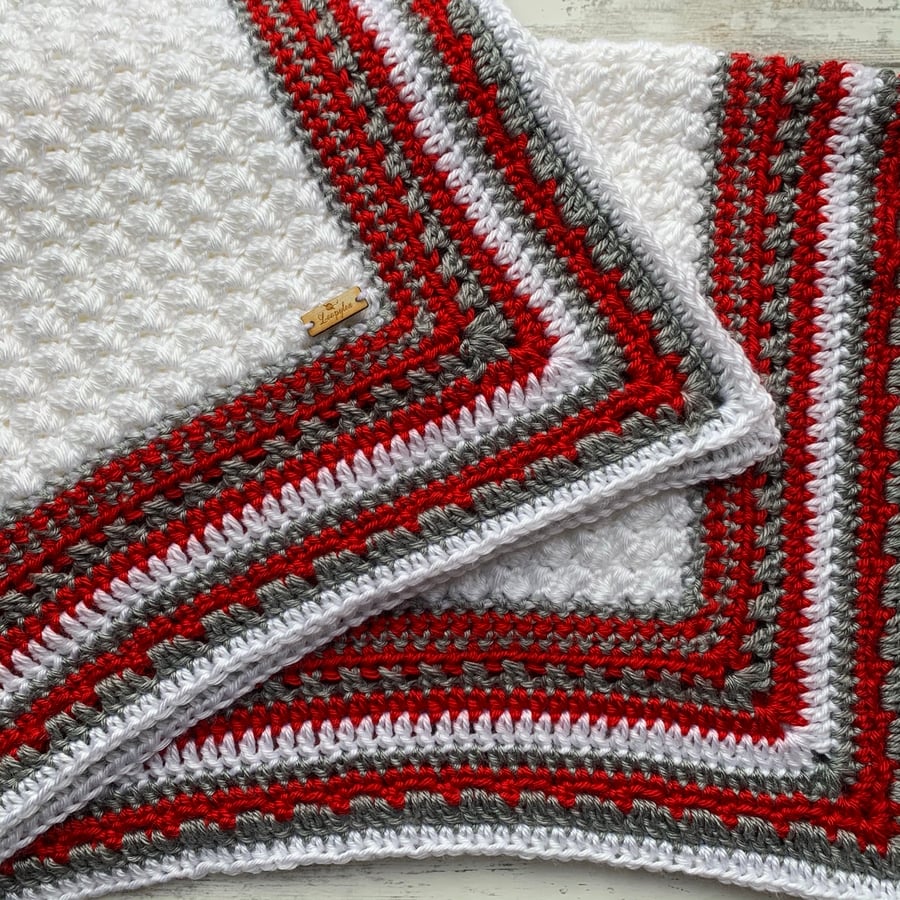 Handmade crochet blanket in white red and grey