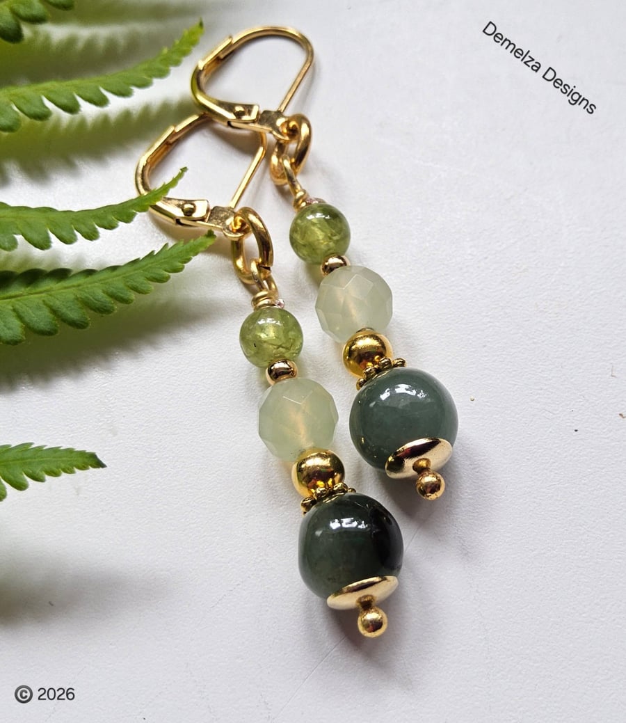 Jade, Jadeite & Peridot Gold Plated Copper Dangle Earrings 