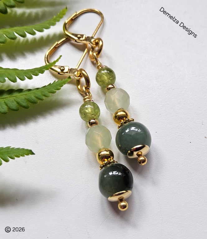 Jade, Jadeite & Peridot Gold Plated Copper Dangle Earrings 