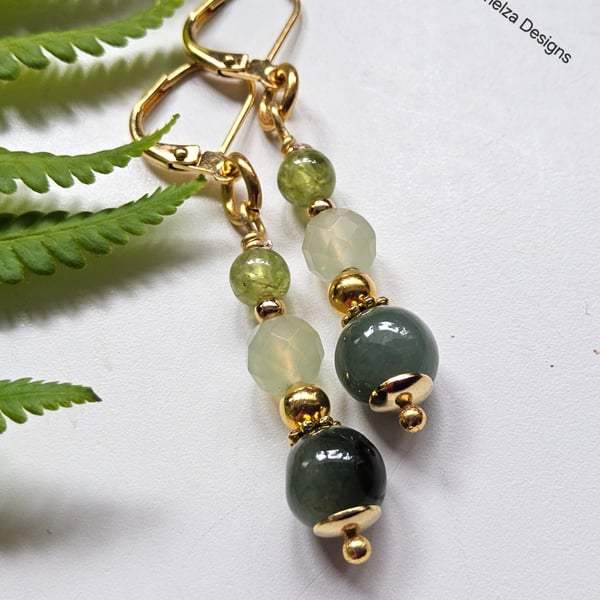 Jade, Jadeite & Peridot Gold Plated Copper Dangle Earrings 