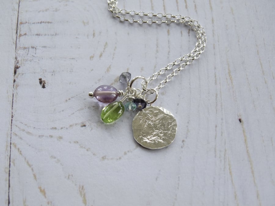 Textured recycled sterling silver coin pendant with gemstone beads