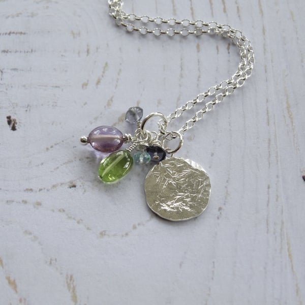 Textured recycled sterling silver coin pendant with gemstone beads