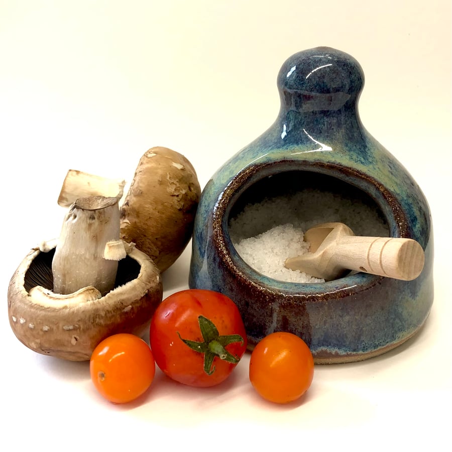 BLUE & GREEN GLAZED CERAMIC SALT PIG WITH WOODEN SCOOP 