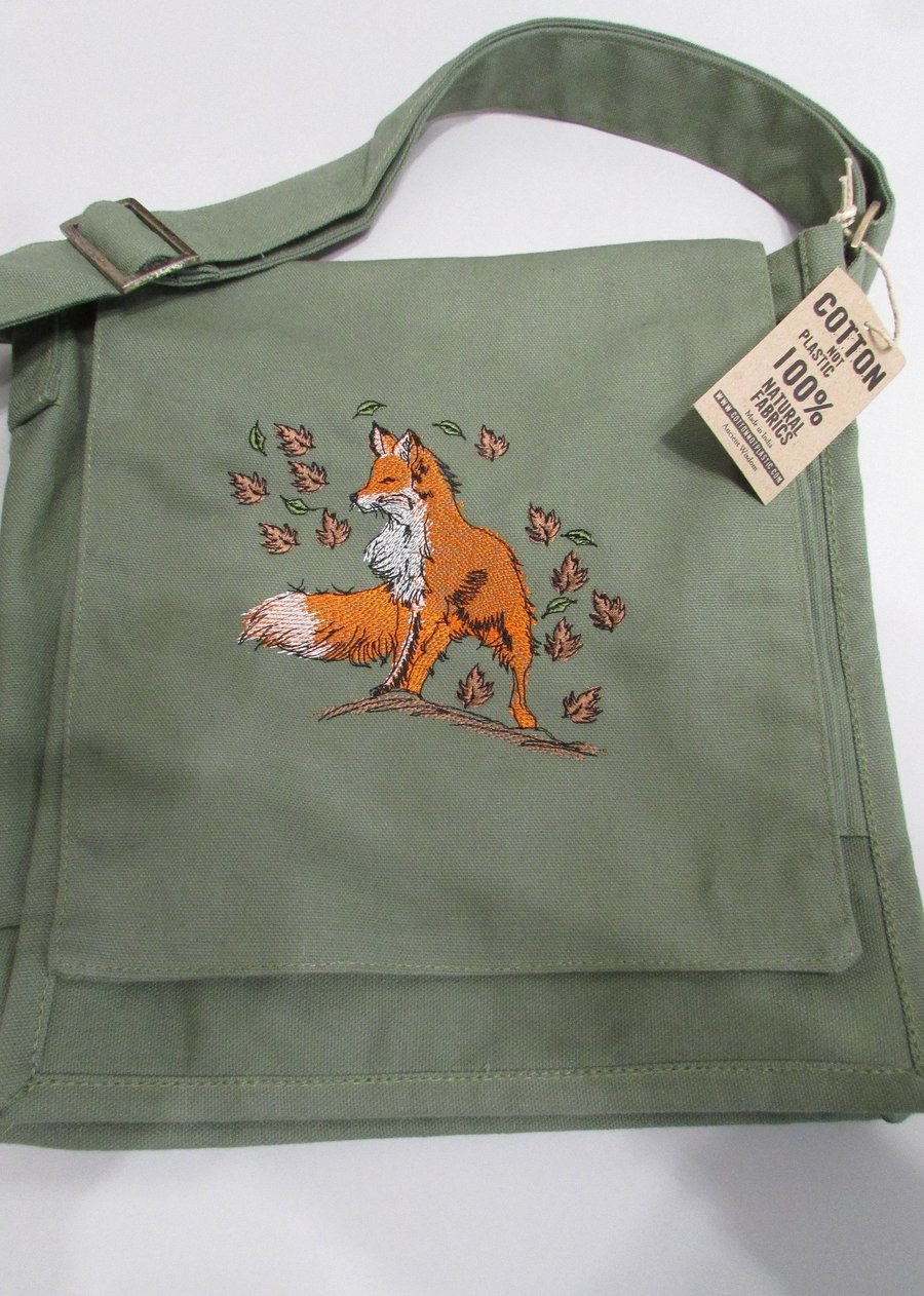 Embroidered Fox Design Eco Cotton Canvas Bag