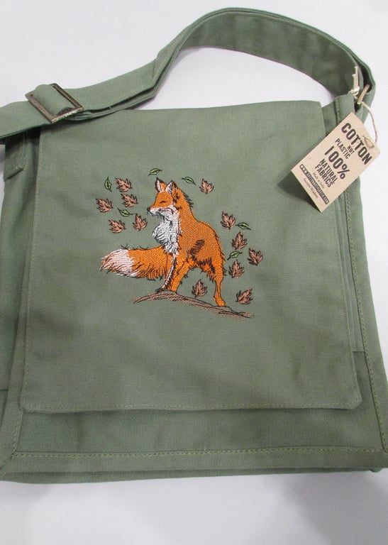 Embroidered Fox Design Eco Cotton Canvas Bag