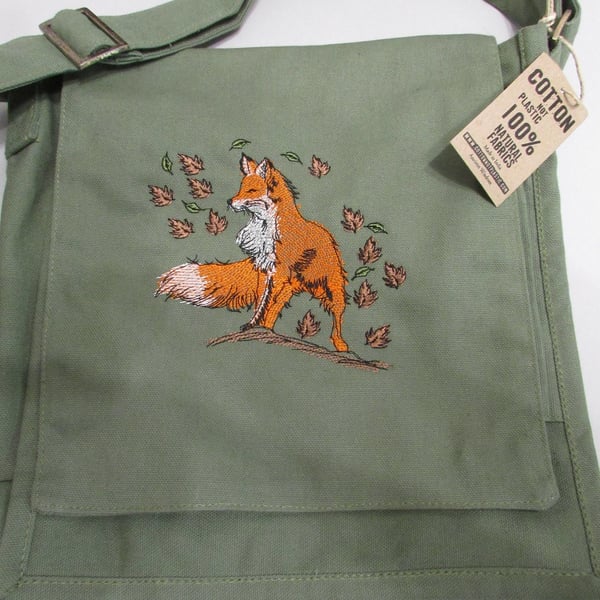 Embroidered Fox Design Eco Cotton Canvas Bag