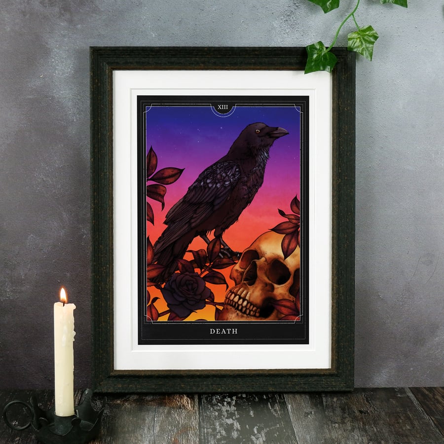 Death Tarot Art Print, Tarot Wall Art, Tarot Card, Raven Illustration