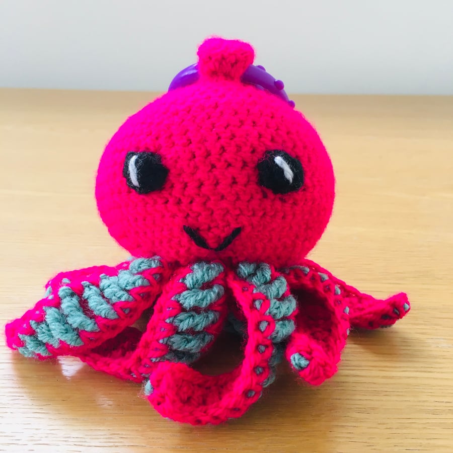 Octopus Soft Toy with teething ring and internal rattle - hot pink