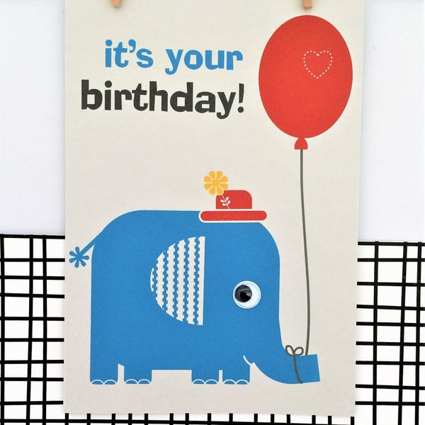 Elephant Birthday Card - Happy Birthday - Googly Eyes - Kids Card - Fun Card - G