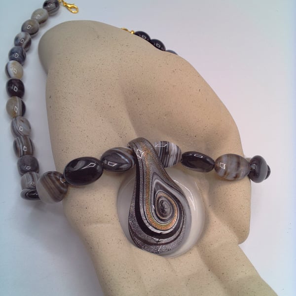 Black and Gold Teardrop Glass Pendant on a Banded Agate Necklace, Gift for Her