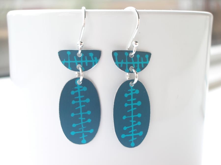 Teal oval earrings with mid century pattern 