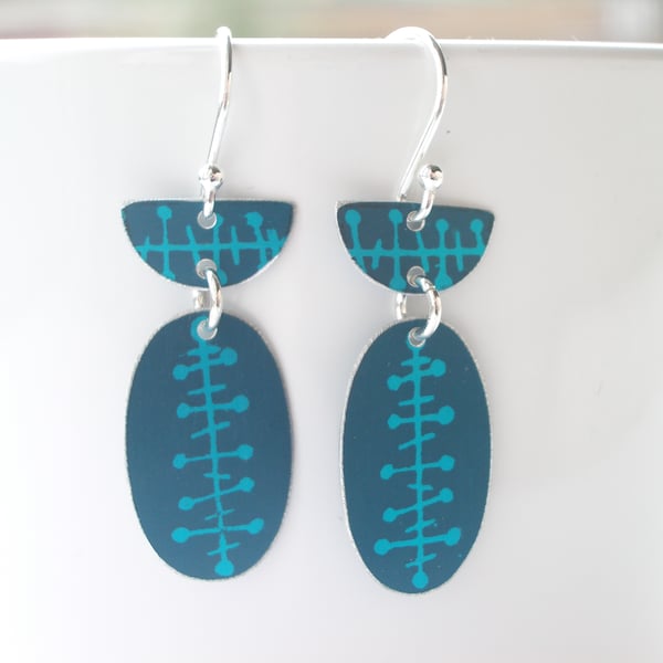 Teal oval earrings with mid century pattern 