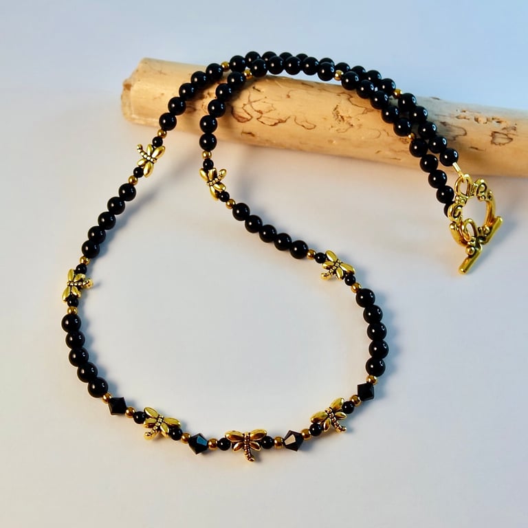 Black Onyx Necklace With Gold Dragonflies - Birthday, Anniversary, Gifts For Her