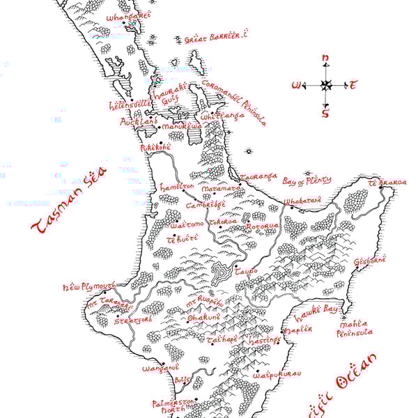 Map of New Zealand - North Island Hand Drawn Tolkien Style Map Artwork