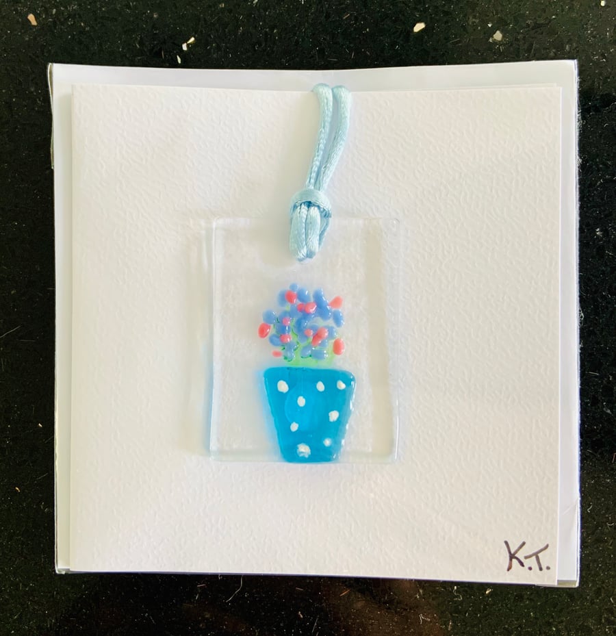 Greetings card with Fused Glass Heart Keepsake Decoration. 