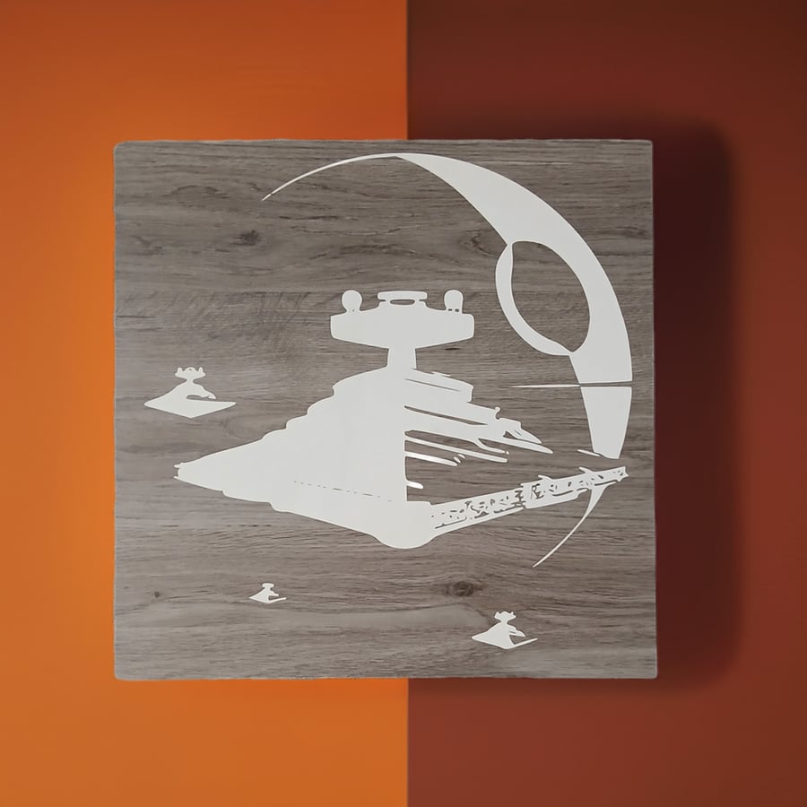 Star Wars Death Star and Star Destroyers Engraved Wood Wall Art 