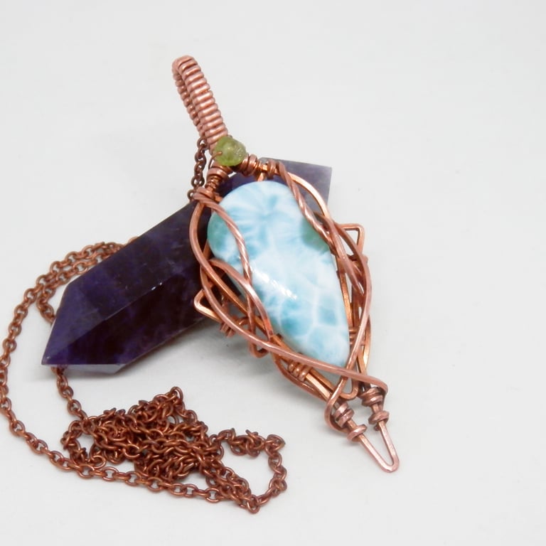 Elven Style Copper Necklace With Larimar And Peridot