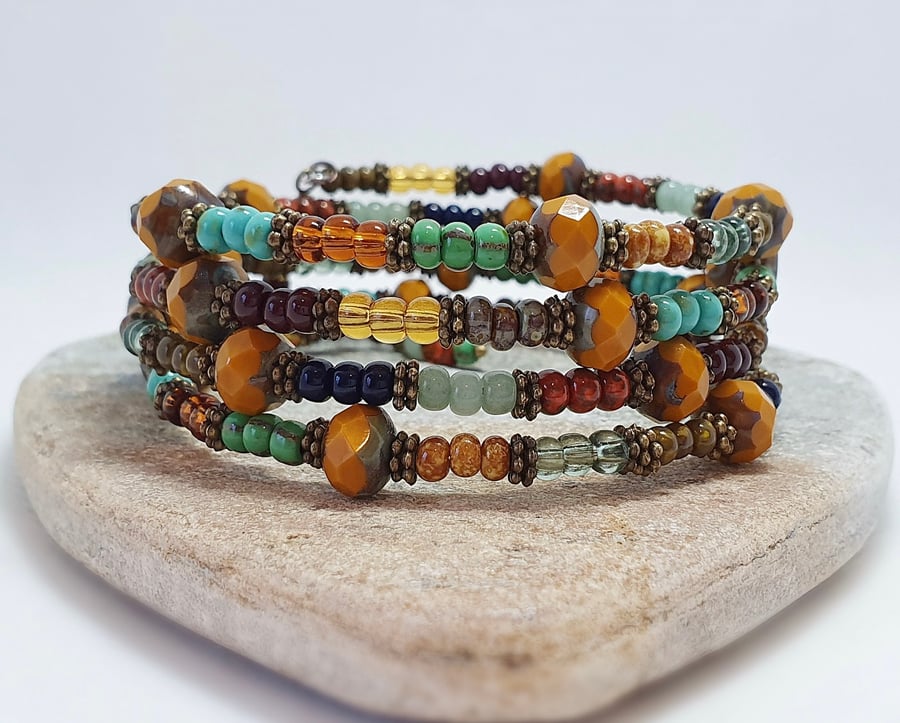 Autumnal burnt orange beaded wrap bracelet