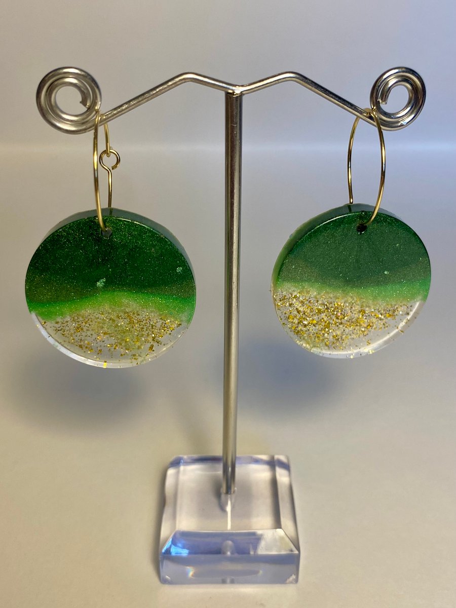 Handmade trio of green resin and biodegradable gold glitter disc hoop earrings