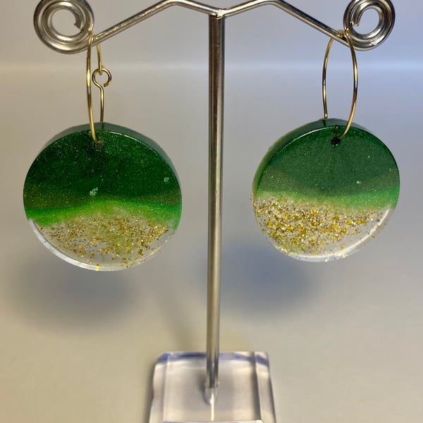 Handmade trio of green resin and biodegradable gold glitter disc hoop earrings