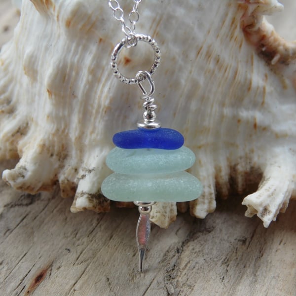 Cobalt Blue & Seafoam Cornish Sea Glass Stack Necklace, Sterling Silver N628