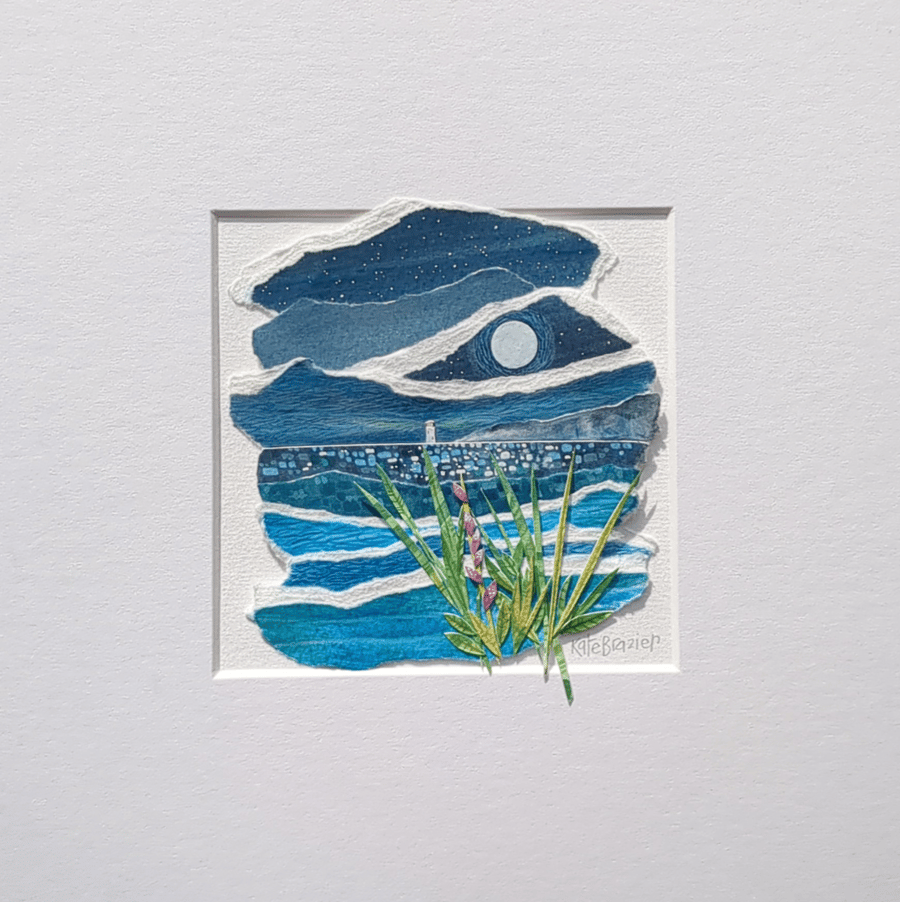 ORIGINAL COLLAGE - The Blue Moon - Mounted. Ocean. Lighthouse. Paper Art 