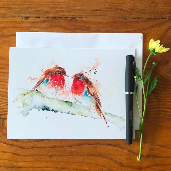Robins Kiss Card, Robins Greetings Card, Wildlife Art Card, Birthday Card, Blank