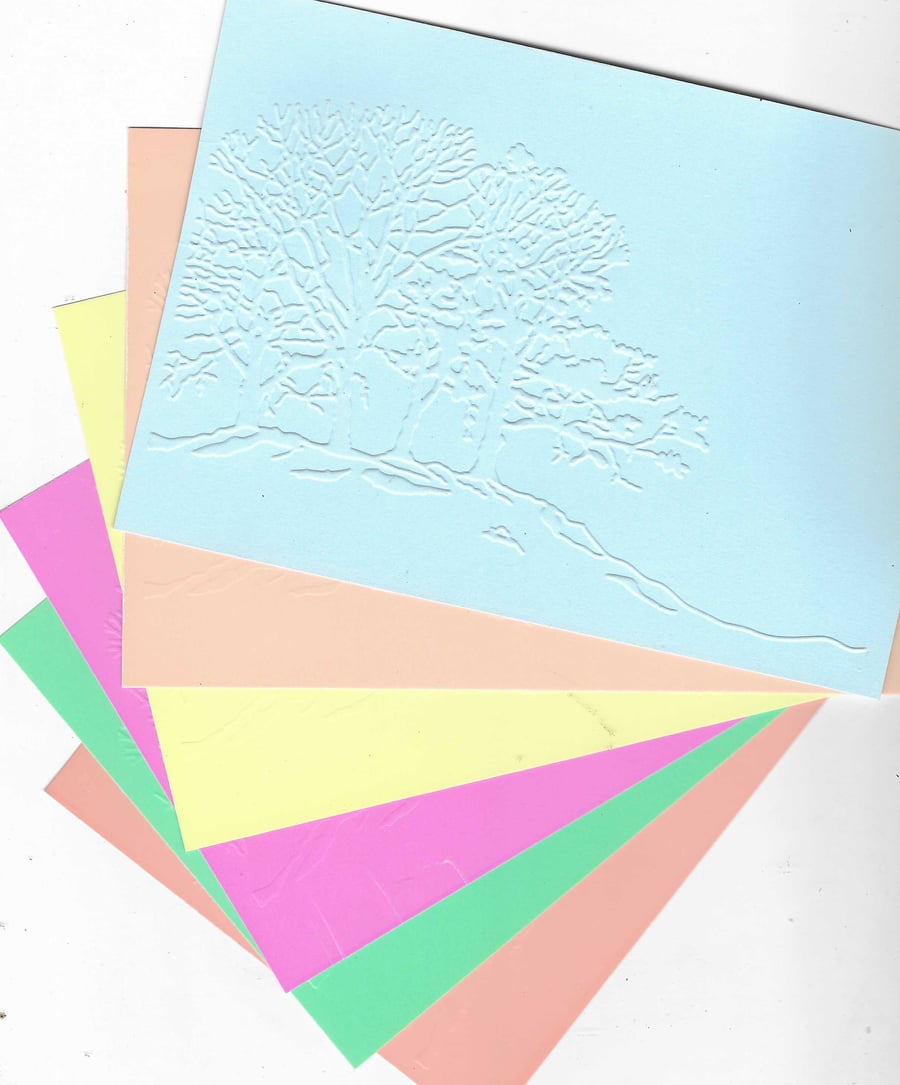 Embossed Card & Paper. 10 Sheets. 5"x7". Assorted Colours. Tree Scene (26)