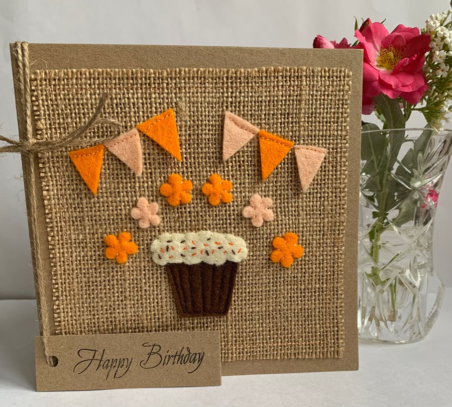 Handmade Birthday Card. Cupcake and bunting from wool felt. Keepsake card.