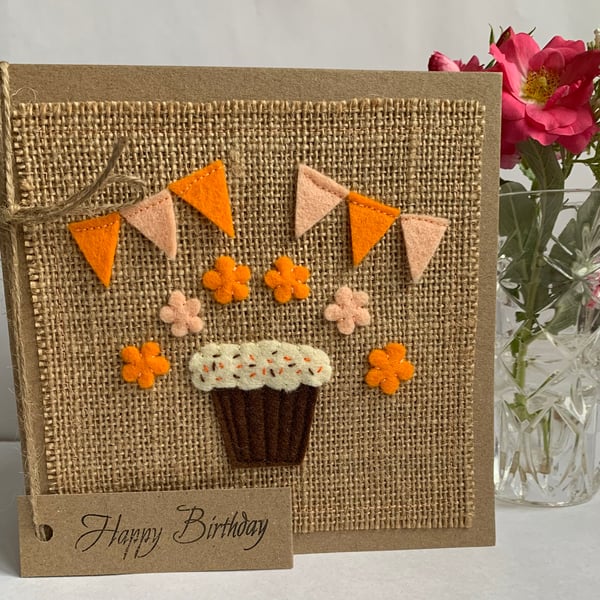 Handmade Birthday Card. Cupcake and bunting from wool felt. Keepsake card.