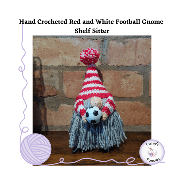 Hand crochet red and white football gnome collectable