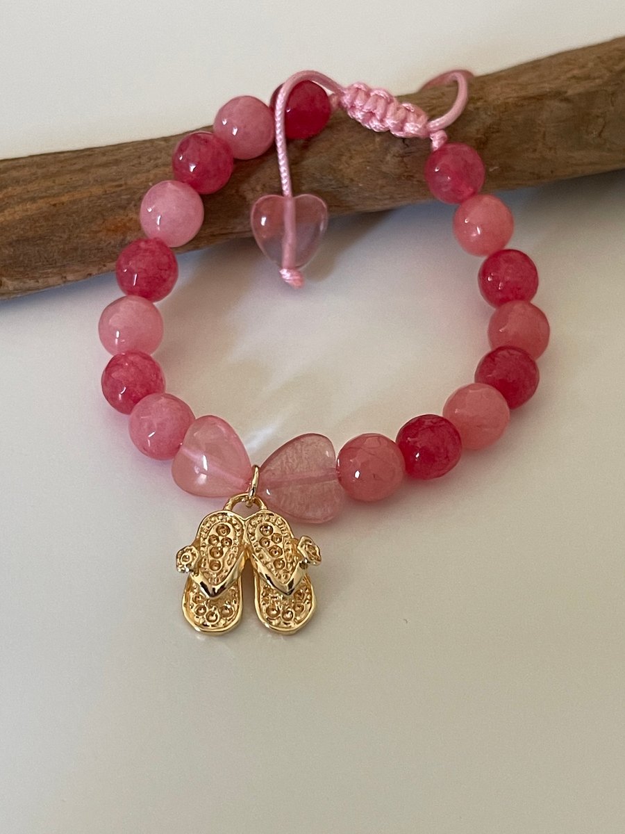 Pink Jade Corded Bracelet with Flip Flop Charm. 