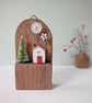 Festive Wooden Cottage Scene with Tree and Button Moon