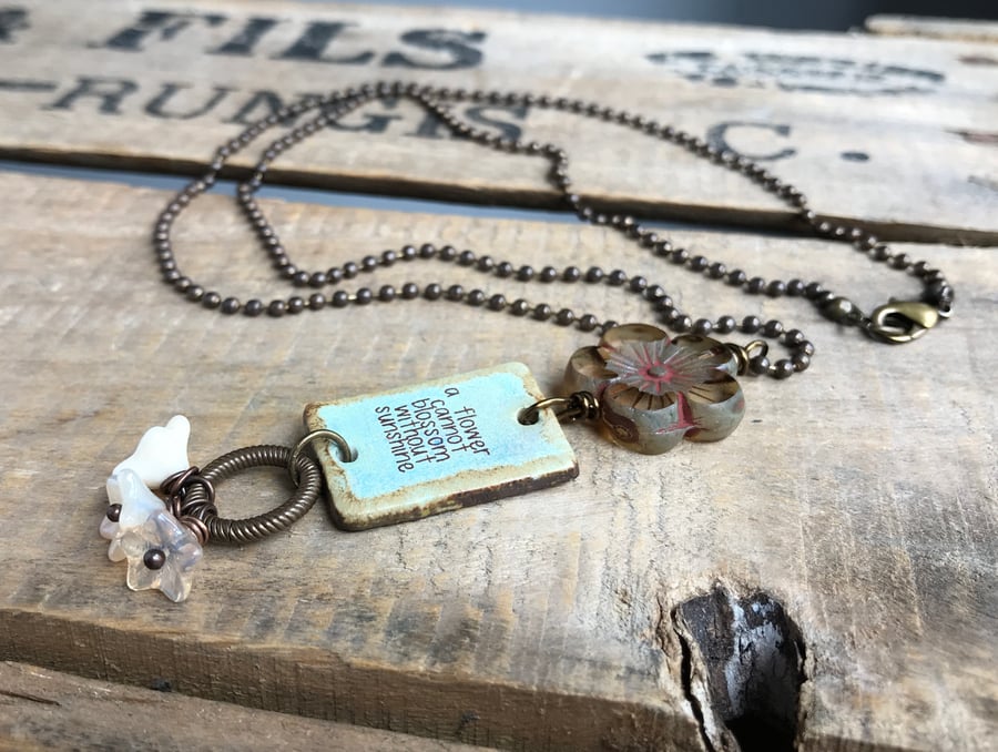 Artisan Ceramic Quote Necklace. Brass Layering Necklace. Mixed Media Jewellery