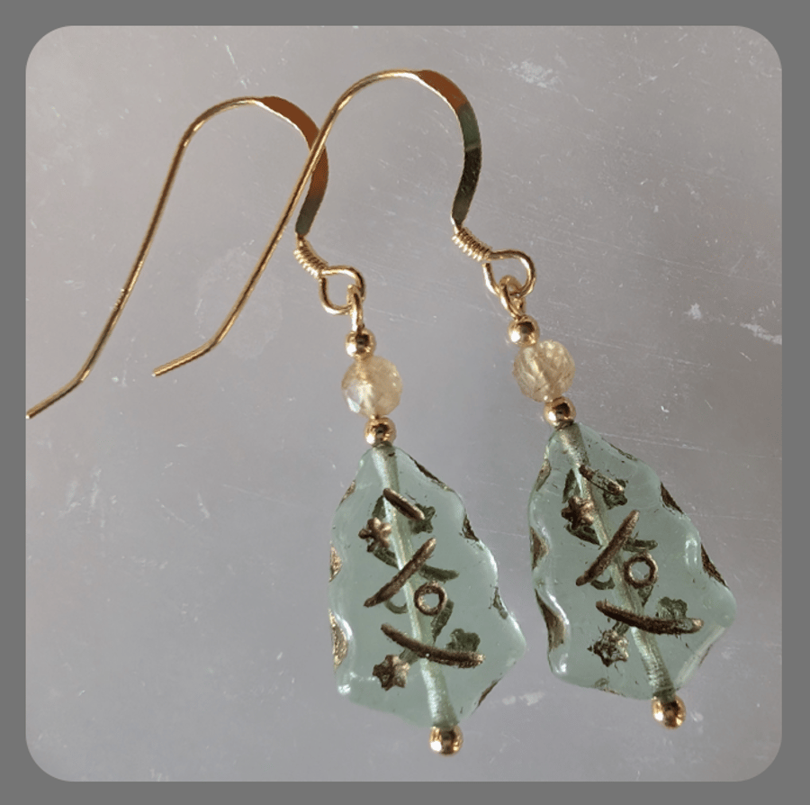 Green Czech Glass Christmas Tree, Yellow Apatite and Vermeil Earrings