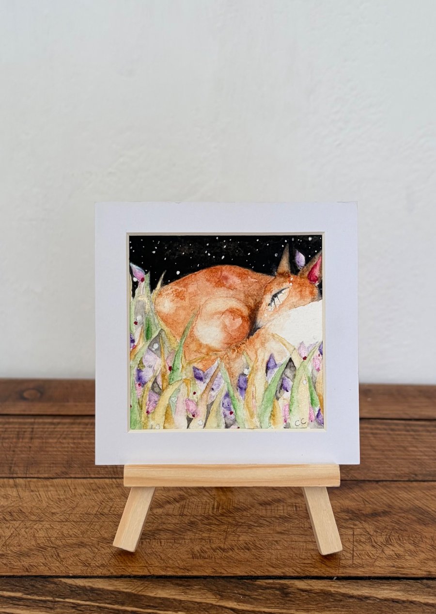 Original Resting Fox in Meadow Watercolour 