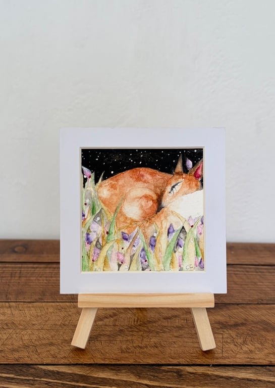 Original Resting Fox in Meadow Watercolour 