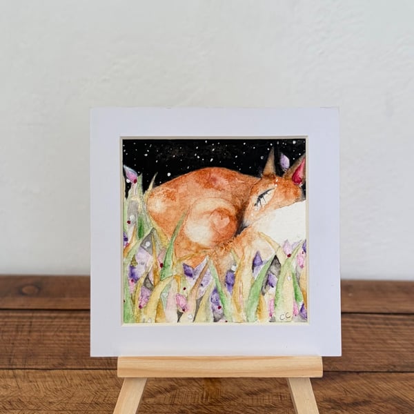Original Resting Fox in Meadow Watercolour 