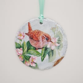 Wren decoupaged slate, bird hanging decoration,  gift for bird lover