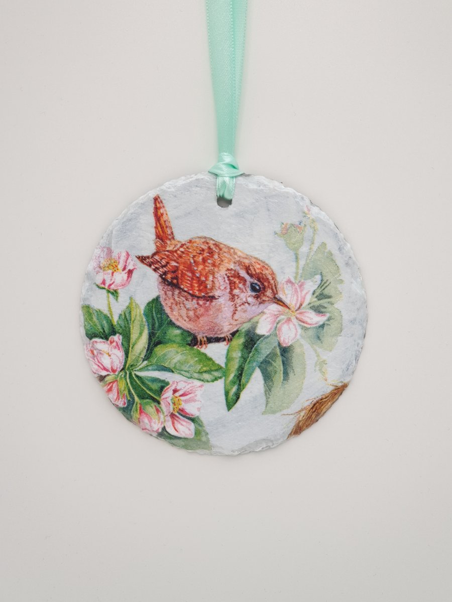 Wren decoupaged slate, bird hanging decoration,  gift for bird lover