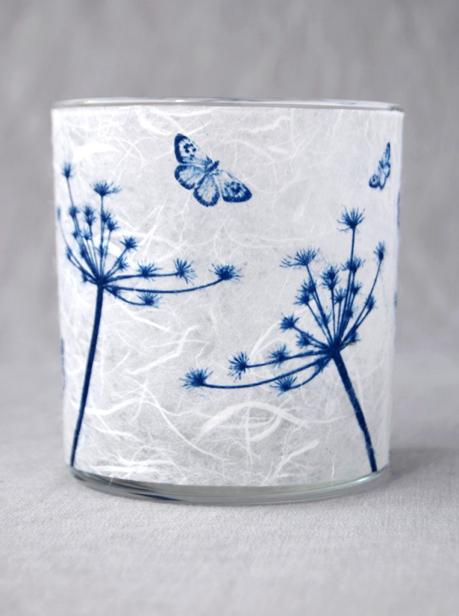 Cow Parsley and butterflies Blue and White Cyanotype Candle Holder