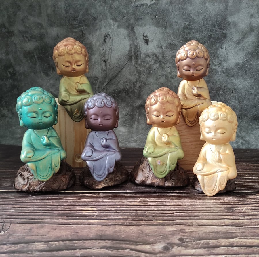Girl Buddha Child Statues, Hand Painted Stoneware Shelf Sitters, Buddhist Decor 