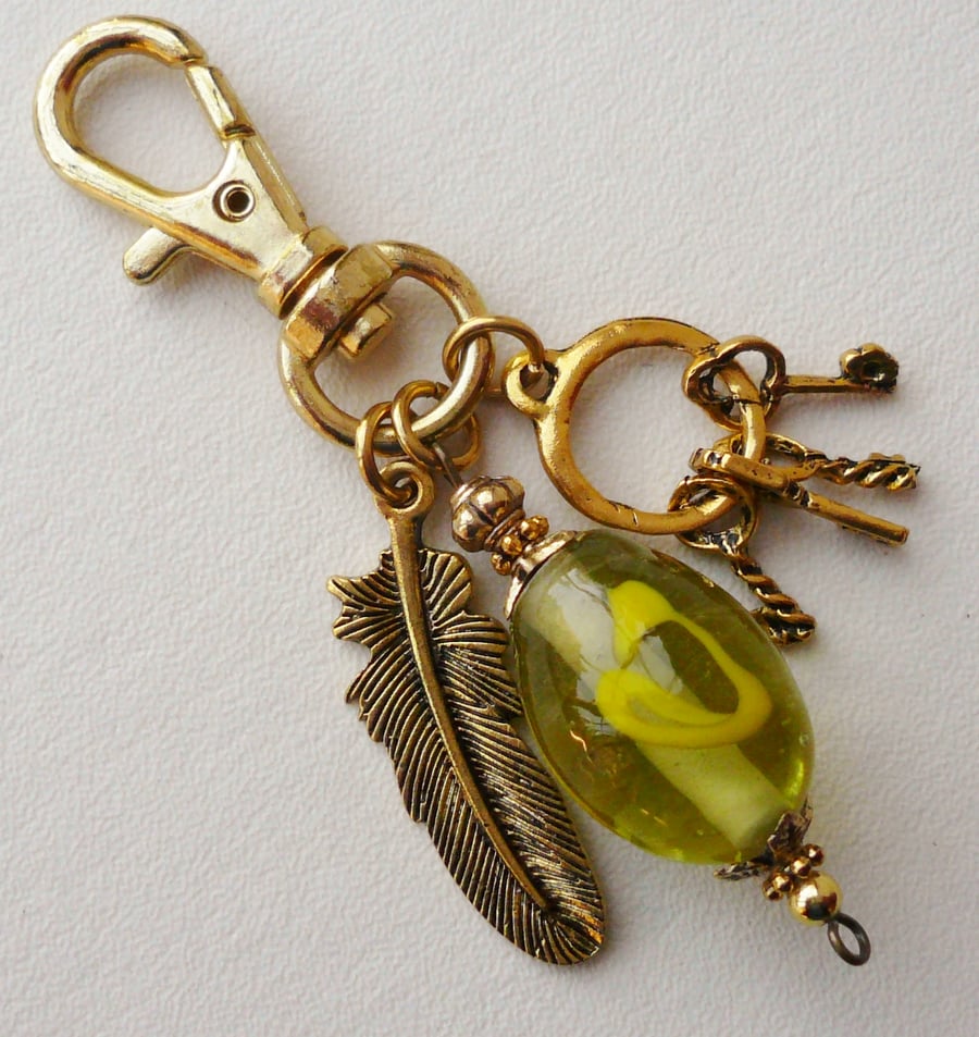 Clear Pale Green Glass Bead Gold Feather Keyring  KCJKY905