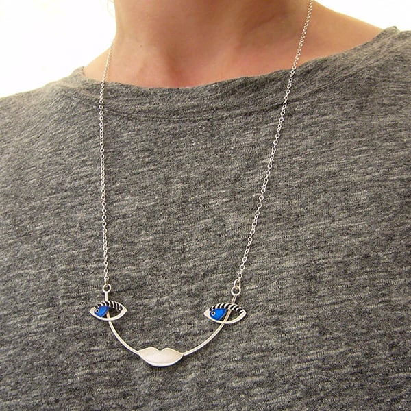 Sterling silver abstract face necklace, quirky jewellery