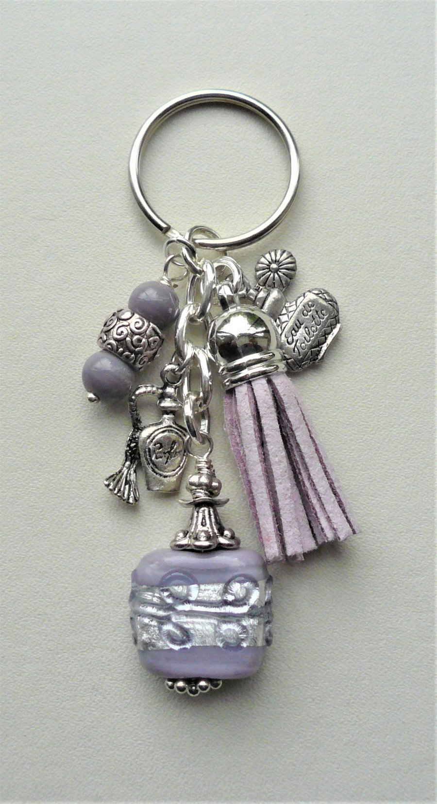 Keyring Scent Bottle Tassel Purple Lilac and Silver Glass Bead  KCJ1786