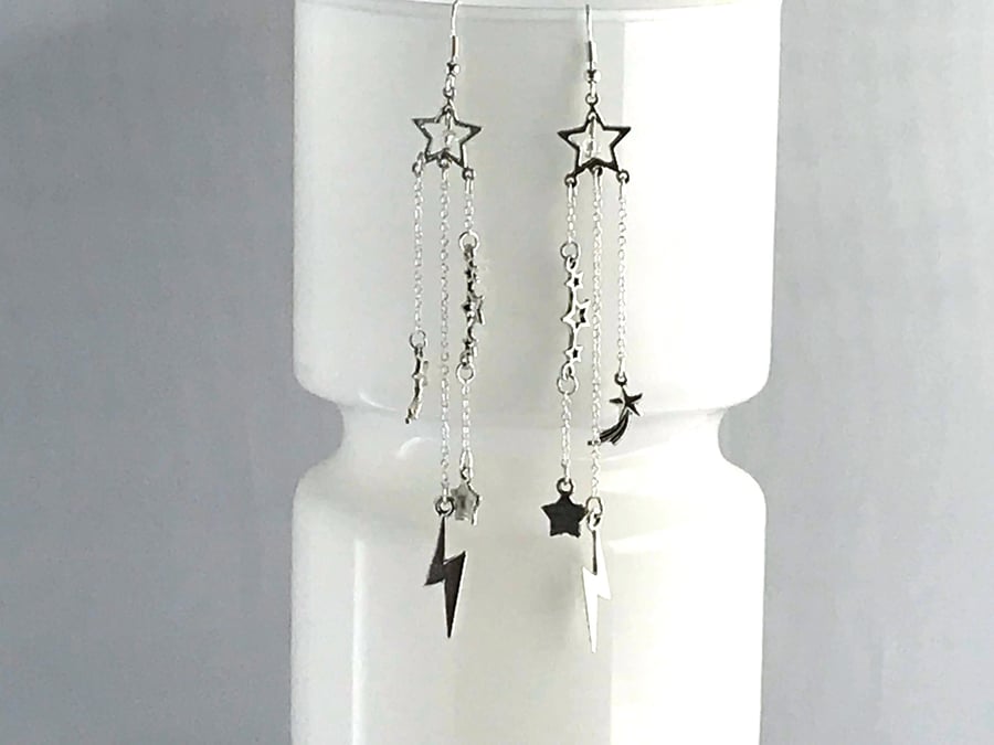 STAR FALL EARRINGS Lightning bolt silver chain drop swarovski