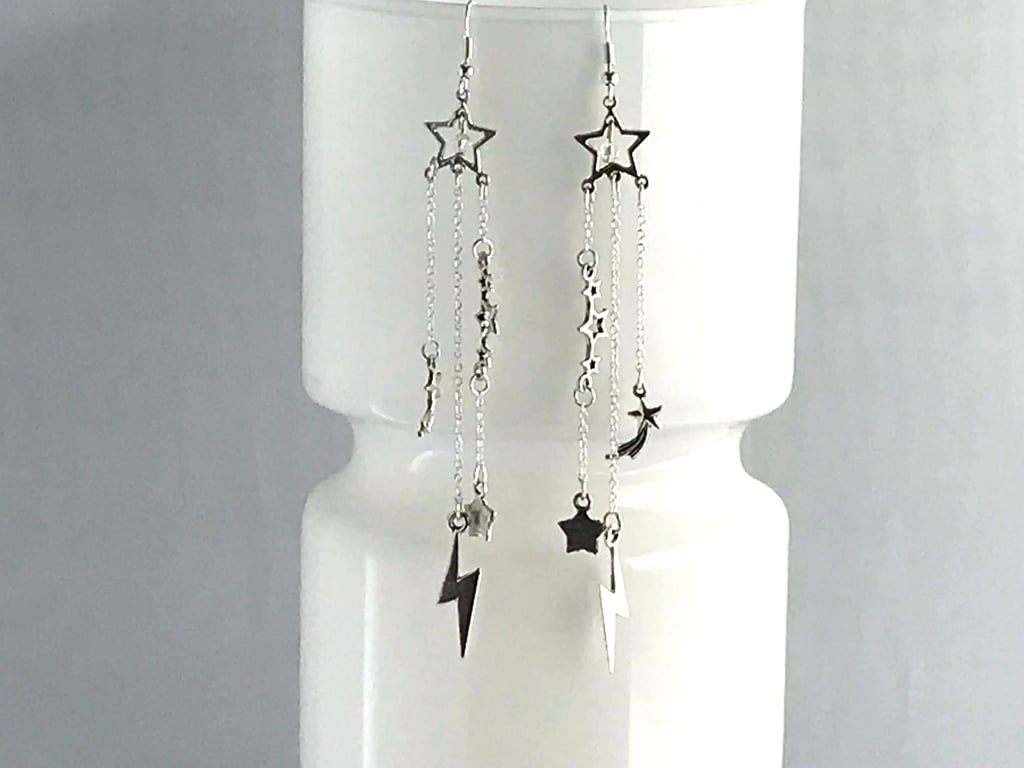 STAR FALL EARRINGS Lightning bolt silver chain drop swarovski