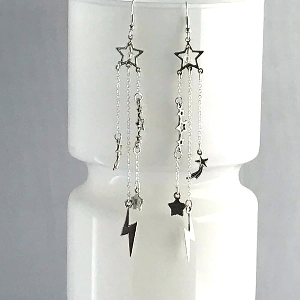 STAR FALL EARRINGS Lightning bolt silver chain drop swarovski